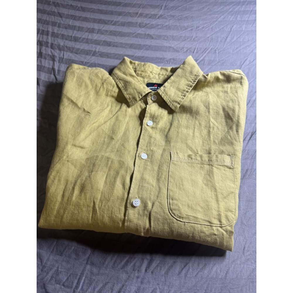 American Giant Mens Large Linen Short‎ Sleeve Button Down Shirt Mustard Yellow L